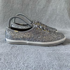 Keds x Kate Spade Womens 7 Champion Sparkle Glitter Sneaker Shoes Silver Gray